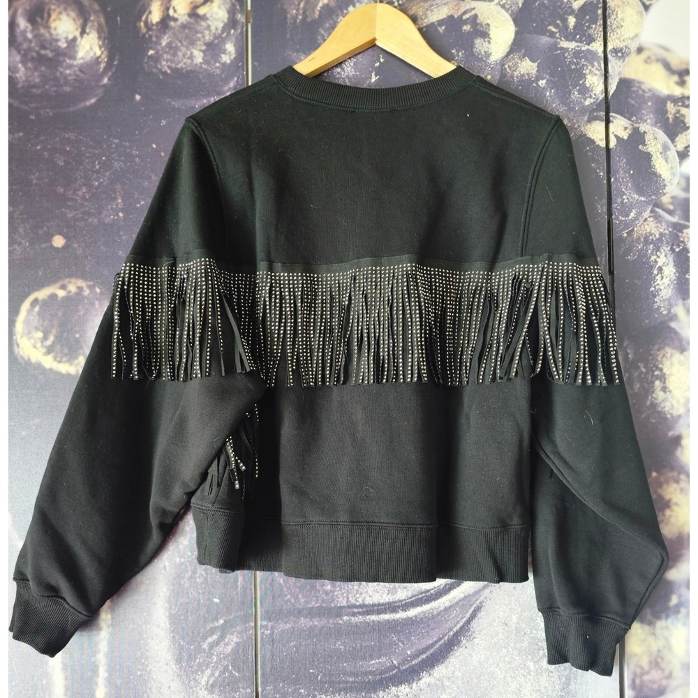 Zara Rhinestone Fringe Sweatshirt‎ Black Crew Neck Pullover Top Size S